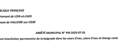 Arrêté municipal n° PM-2025-07-01 portant sur l&rsquo;interdiction permanente des baignades dans les cours d&rsquo;eau, plans d&rsquo;eau et étangs communaux